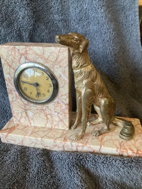 Vintage Art Deco Mantle Clock Marble & Spelter Clock And Dog Stunning