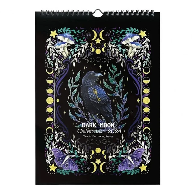 A4 SIZE DARK Moon Calendar 2024 Moon Phase Wall Calendar with 12