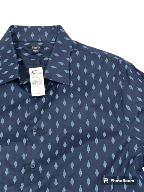 EXPRESS Extra Slim Geo Diamond Print Stretch 1MX Dress Shirt Men's Size L Blue
