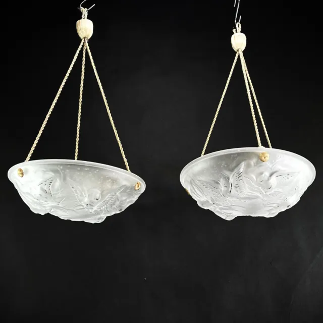 1 From 2 Art Deco Hanging Lamp Muller Freres Lunéville Glass Bowl Bird Motifs