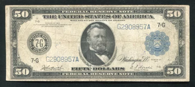 Fr. 1050 1914 $50 Fifty Dollars Frn Federal Reserve Note Chicago, Il Very Fine Fr. 1050 1914 $50 Fifty Dollars Frn Federal Reserve Note Chicago, Il Very Fine
