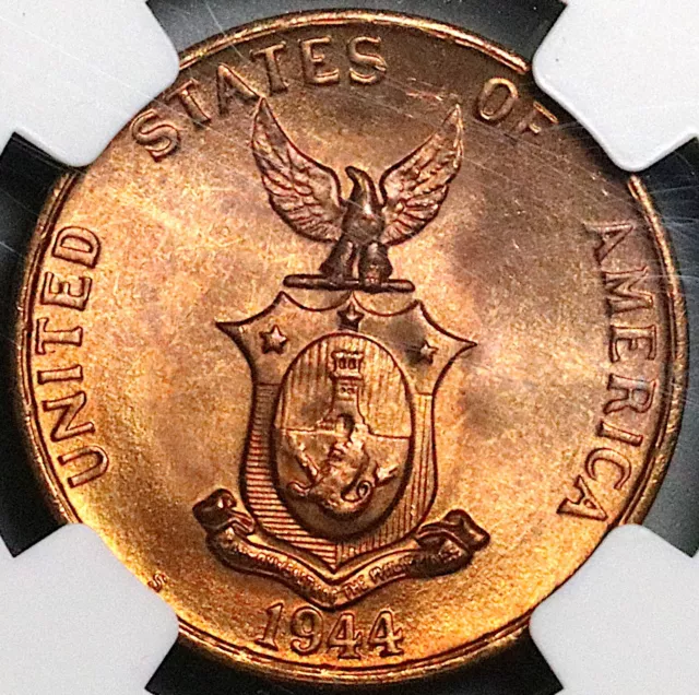 1944-S NGC MS 65 RB Philippines 1 Centavo Mint State USA Coin (24031702C) 3