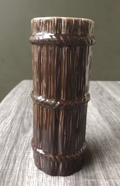 Vintage Barware Bamboo Tiki Cocktail Tumbler Glass Ceramic Brown 7.25 X 2.5” EUC