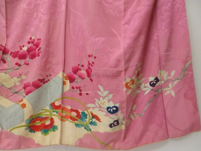 2211T05z690 Antique Japanese Kimono Silk CHU-FURISODE Plum blossom Dull pink 6