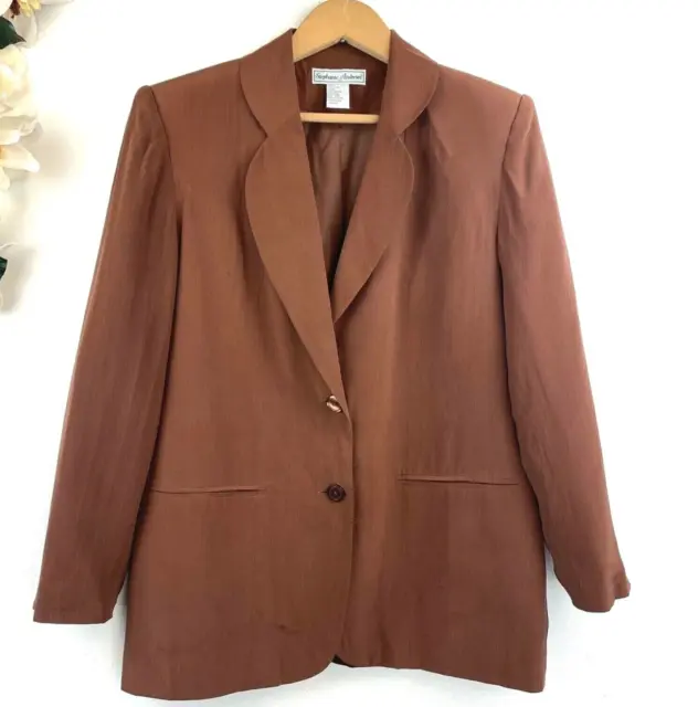 Vintage Stephanie Andrews Womens Silk Blazer Jacket Size 2P Brown