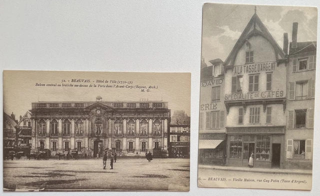 2 1910s Postcards Beauvais France Hôtel de Ville Vieille Maison Woman in Shop