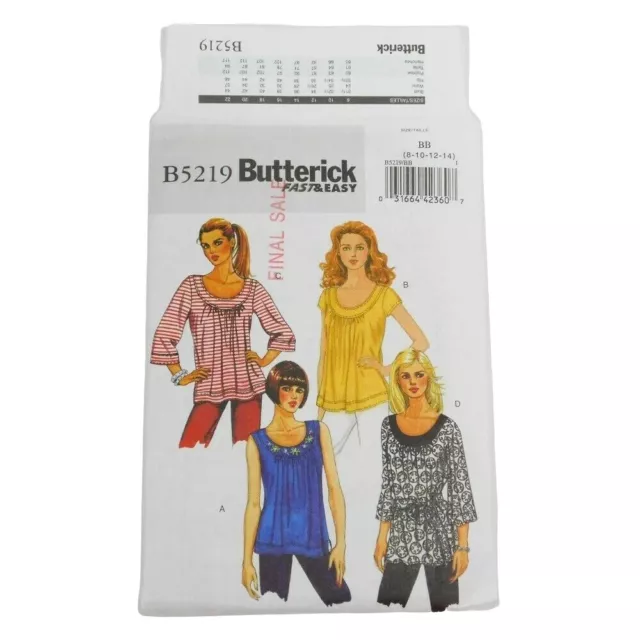Butterick 5219 Misses Top Tunic Belt Sewing Pattern Size 8-14 Uncut Loose Fit