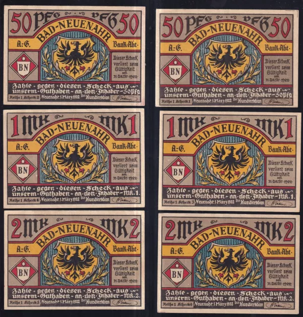 6x Bad Neuenahr: je 2x 50 Pfennig, 1 + 2 Mark 1.3.1922 (938.1)