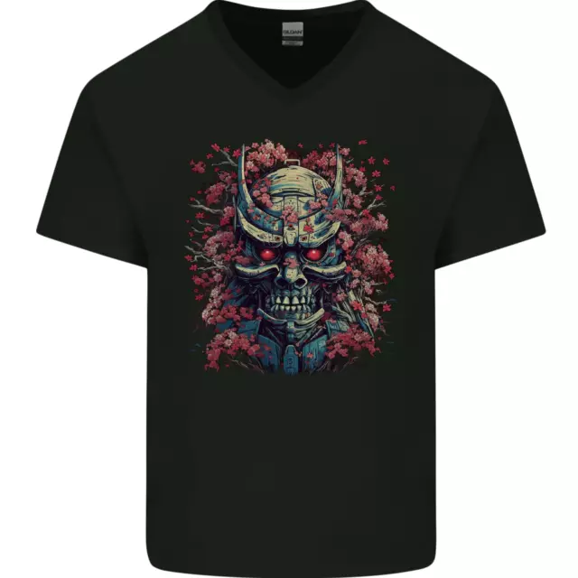 Samurai Oni Mask Bushido Ronin MMA Mens V-Neck Cotton T-Shirt