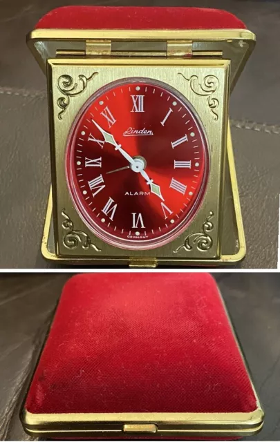 Vintage Linden Germany Wind Up Gold & Red Velvet Travel Alarm Clock Glow In Dark