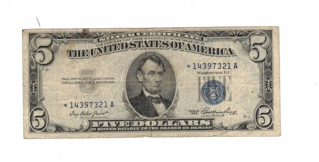 1953  Five Dollar Silver Certificate Star !