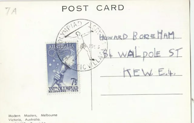 Stamp 7&1/2d Olympic Games Australia 1956 on J Rajko postcard javelin postmark