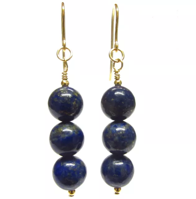 Lapis Lazuli Earrings Gold 9ct, 3 Bead 7mm Blue Gemstone Dangle Drops Gift Boxed