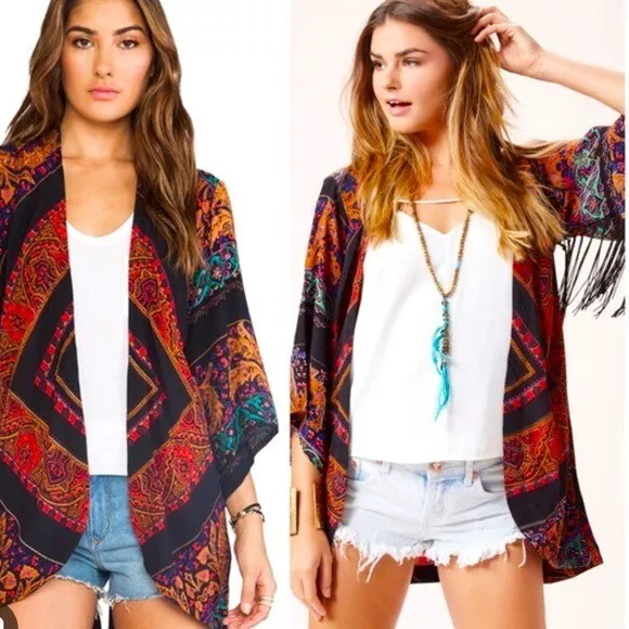 CLEOBELLA Fringe Sleeve Kimono in Scarf Print Size M