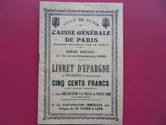 RARE LIVRET D'EPARGNE CAISSE GENERALE DE PARIS + 2 TITRES VILLE DE PARIS (voir)