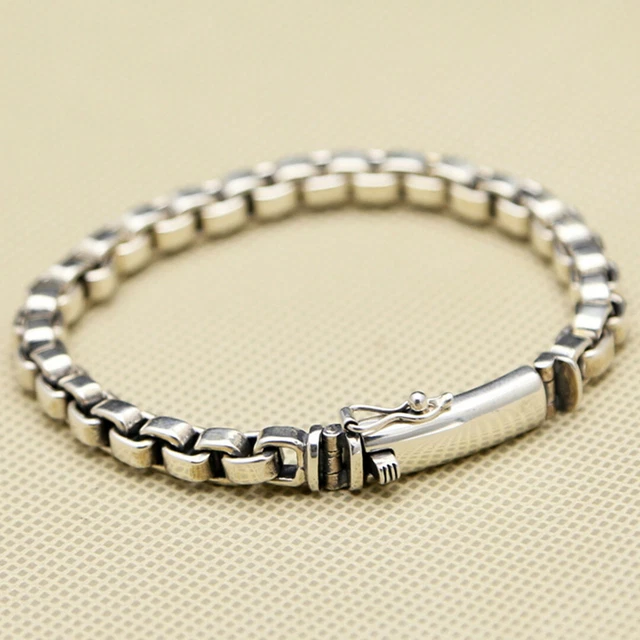 Pure S925 Sterling Silver Chain Men Women Square Box Link Bracelet