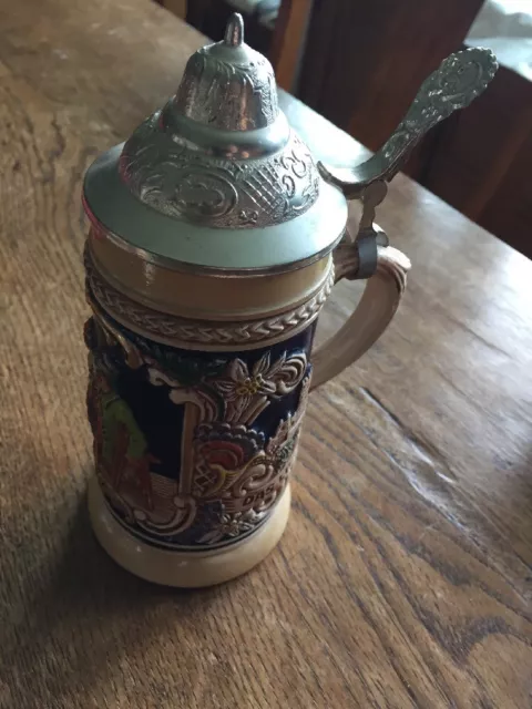 Vtg 70s German Stoneware Beer Stein W German Gerz Org Gerzit 7” Pewter Lid hinge