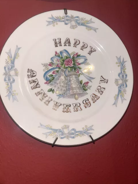 Vintage HAPPY ANNIVERSARY Plate Wedding Bells 9 1/4" Lefton China Pink & Blue