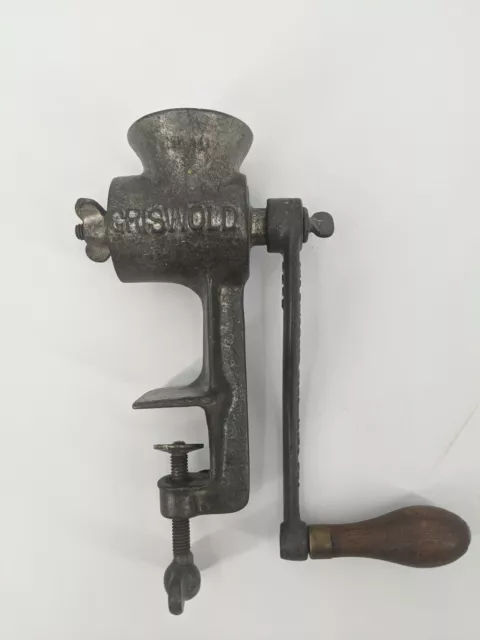 No 10 Griswold Food and Meat Chopper Grinder Hand Crank Wood Handle, Circa 1910