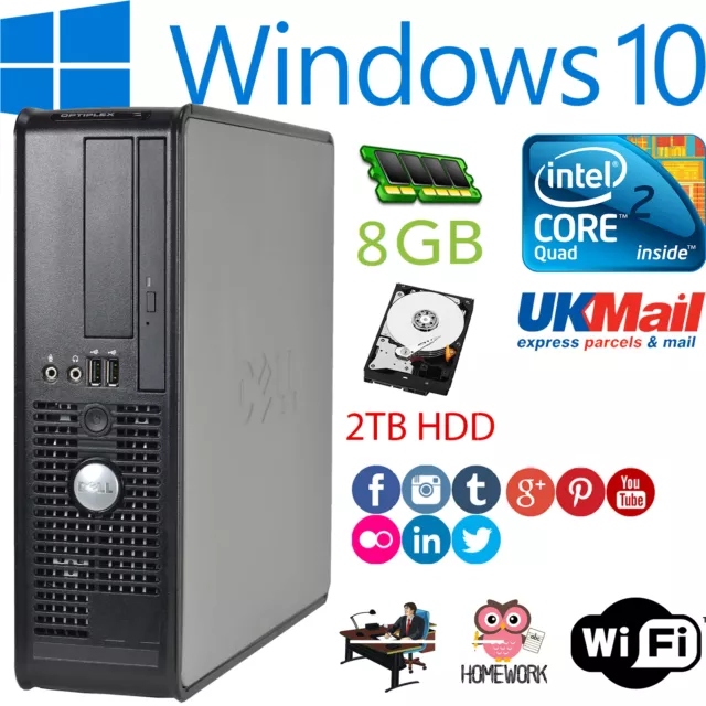 Fast Dell Quad Core Pc Computer Desktop Tower Windows 10 Wifi 8Gb Ram 2000Gb Hdd