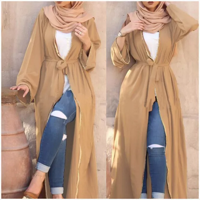 Women's Abaya Muslim Long Maxi Party Dress Dubai Open Front Kaftan Cardigan Robe