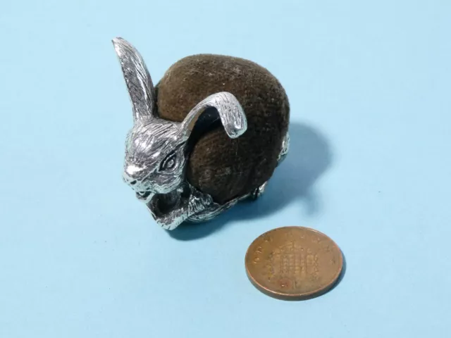 Vintage Small Rabbit / Hare Shaped Pin Cushion Silver Plated  Brown Velvet