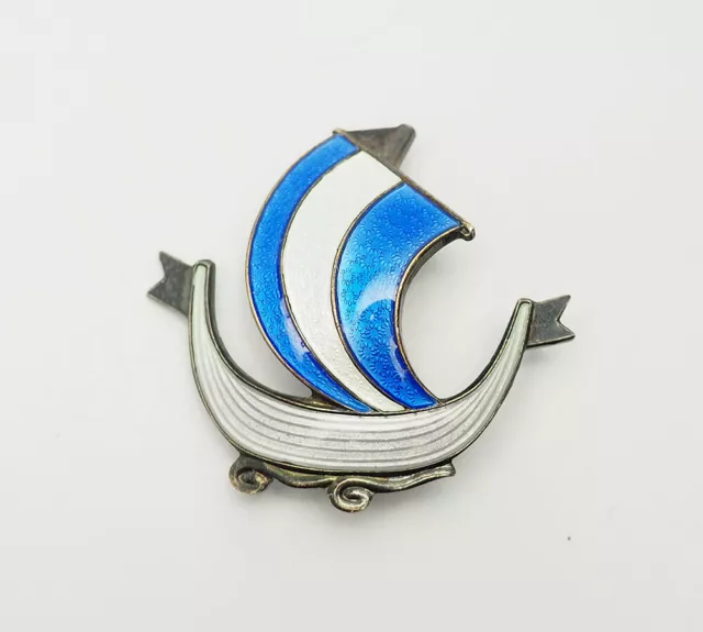 Viking ship blue white enamel sterling silver vintage Norway pin Aksel Holmsen