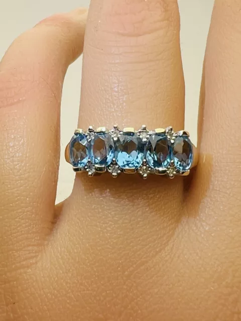 9ct Yellow Gold Sky Blue Topaz Diamond Half Eternity Ring Size N 3.2g 2008