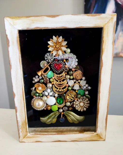 OOAK Vtg Costume Jewelry Tree Assemblage Framed Wall Art Cottage Designer Chic