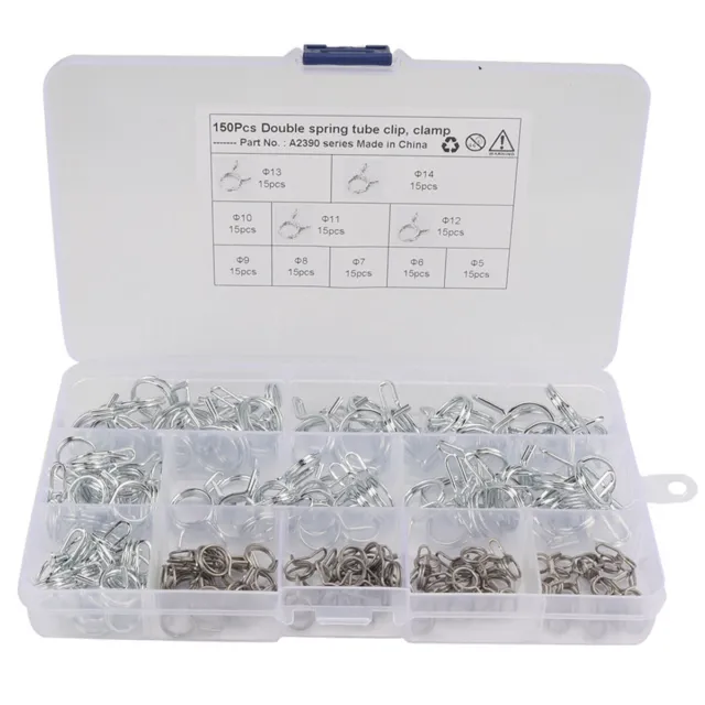 Stainless Steel Double Wire Fuel Line Hose Tube Spring Clamp Assortment 150Pcs-