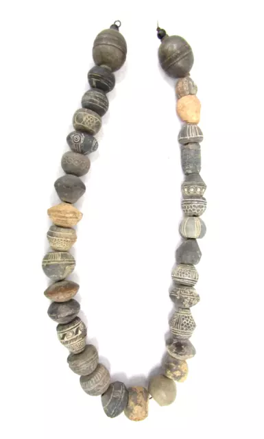 African Large Terracotta Mali Clay Spindle Whorl Beaded Necklace 2 Silver Beads