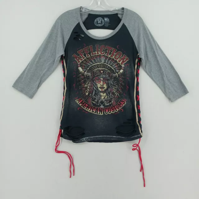 Affliction American Customs Native Girl T-Shirt Womens M Raglan 3/4 Sleeve Tie