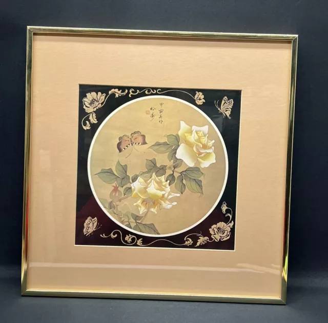 Vintage Chinese Japanese Art Hand Painted Roses Butterfly Silk, Signed & Stamped