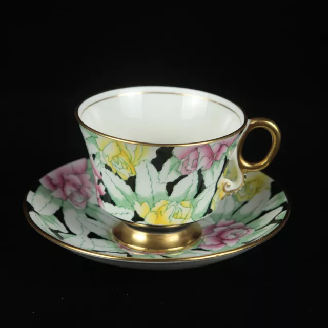 ADDERLEY Bone China Footed Teacup & Saucer Set Pink Yellow Flowers on Black 2