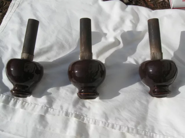 3 Vintage Large Brown Porcelain Ceramic High Voltage Power Line Insulator +Posts