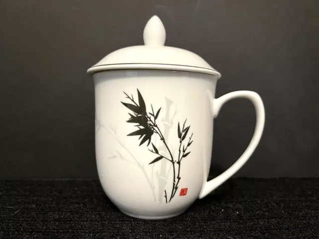 Japanese Porcelain Tea Cup With Lid Elegant Bamboo Design Silver Rimmed Hallmark