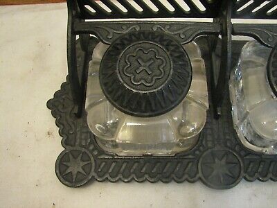 Cast Iron Eastlake Double Pot Glass Inkwell Dip Pen Holder Dual Victorian 2