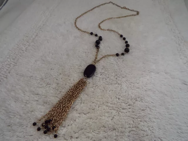 Goldtone Black bead Tassel Chain Pendant Necklace (C21)