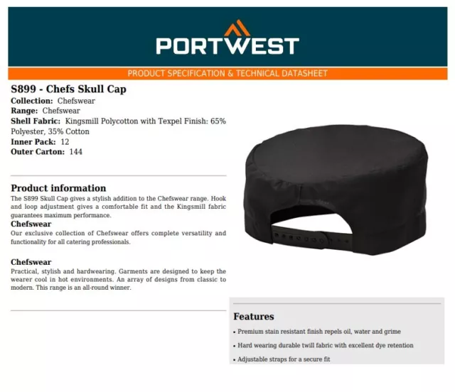 Portwest Chefs Skull Cap Catering Food Restaurant Workwear Chefs wear Cover S899 3