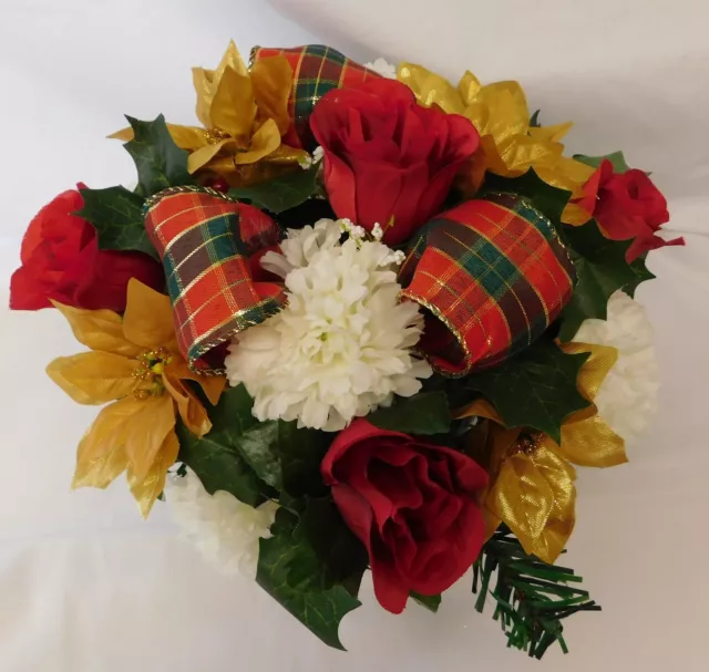 Artificial Silk Christmas Flowers 2 x Red Grave/Crem Pots Memorial Arrangements