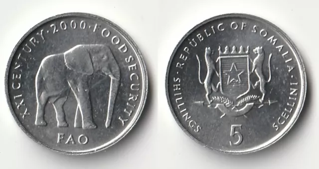 2000 Somalia 5 shillings coin with elephant