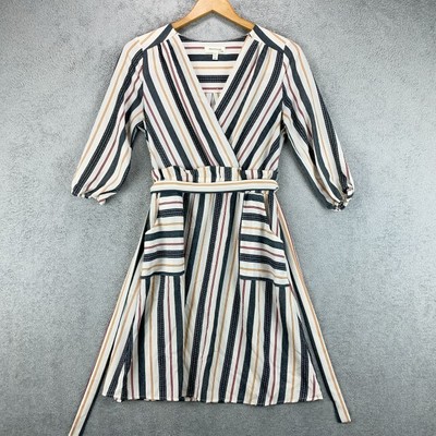 Monteau Los Angeles Dress Size Small Midi Wrap Style Pullover White Strips
