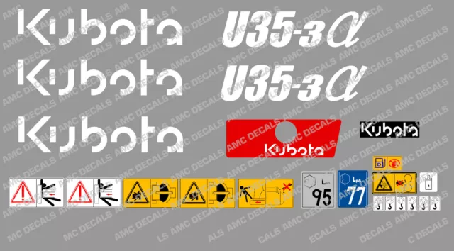 Kubota U35-3 Mini Digger Complet Décalque Set avec Sécurité Avertissement Signes