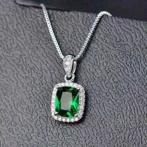 3Ct Cushion Cut Lab-Created Green Emerald Halo Pendant 14K White Gold Plated