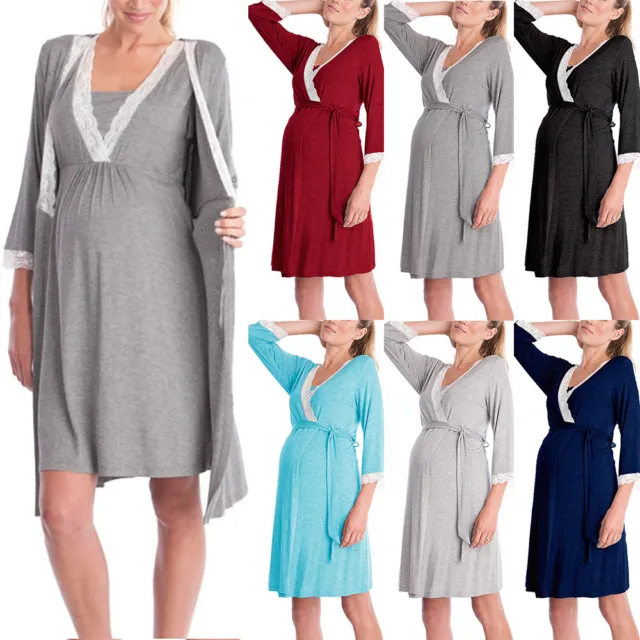 Pregnant Womens Lace Maternity Nursing Nightdress Nightie Robe Gown Nightwear 14