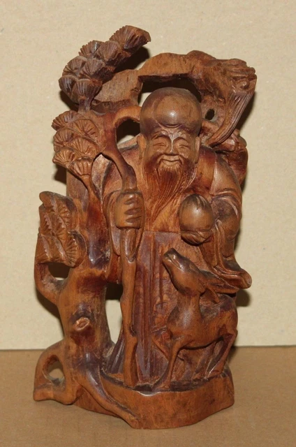 Statuette chinois homme a la canne et biche en bois sculpté - Chinese Art