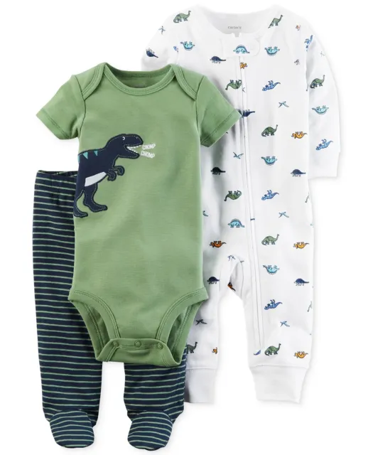 NWT Carter's 3-Pc. Cotton Dinosaur Bodysuit Coverall & Footed Pants Set, Boy 3M