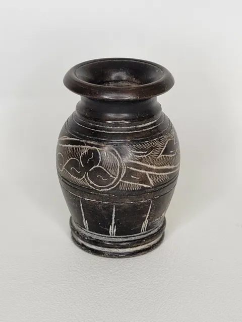Vintage Dead Sea Stone Black Bud Vase with Carved Designs & Etched on Bottom