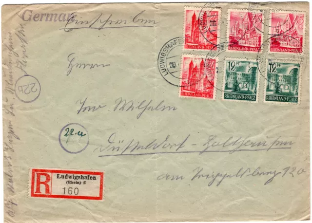 Franz. Zone Rheinland-Pfalz MiF MiNr 4, 8, 10 R-Brief Ludwigshafen 1947