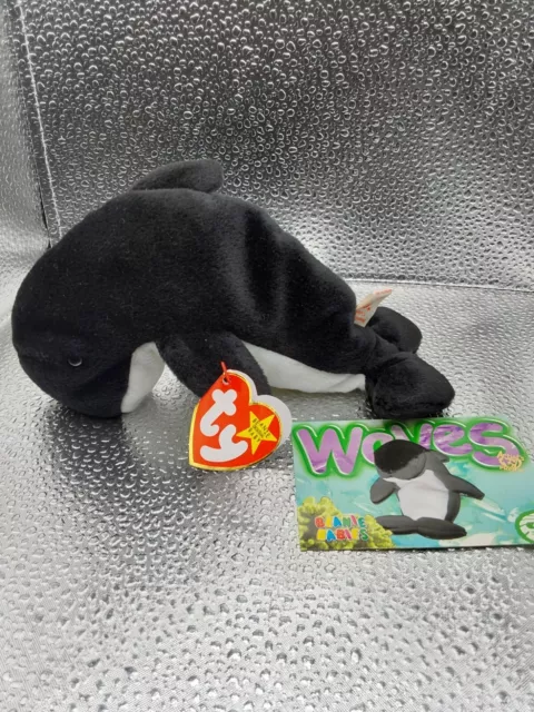 Rare Retired 1996 Ty Beanie Baby Waves The Whale With Pvc Pellets/Tag Errors.